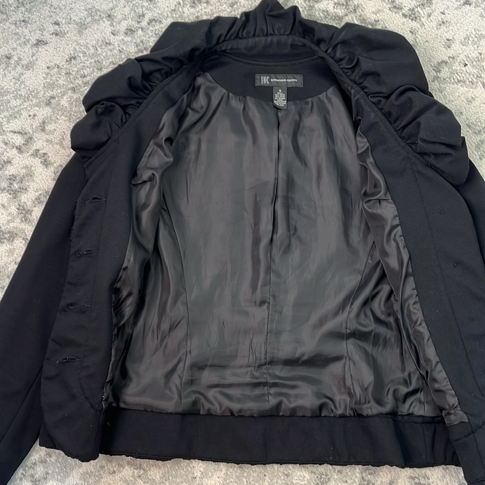 INC International Concepts BLACK RUFFLE COLLAR CARRER JACKET LINED SZ SMALL - Picture 13 of 14